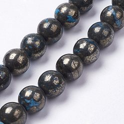 Темно-Голубой Природного пирита бисер нитей, окрашенные, круглые, глубокое синее небо, около 12~12.5 мм, отверстие : 2 мм, около 16 шт / нитка, 7.5 дюйм
