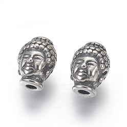 Argent Antique 316 perles chirurgicales en acier inoxydable, tête de bouddha, argent antique, 10x13x9mm, Trou: 2mm