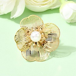 Цветок 201 регулируемые манжеты из нержавеющей стали с открытыми кольцами для женщин, золотые, с ABS имитации жемчуга, цветок, 34x32.5 мм, внутренний диаметр: 18 мм
