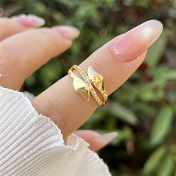 Real 18K Gold Plated Brass Micro Pave Cubic Zirconia Cuff Open Rings for Women, Nuggets, Real 18K Gold Plated, US Size 4 1/4(15mm)~20mm