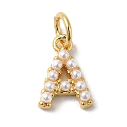 Letter A Стойка из латуни с подвесками из АБС-пластика с имитацией жемчуга, долговечный, без свинца и без кадмия, реальный 18 k позолоченный, буква a, 10.5x7.5x3 мм, отверстие : 3 мм