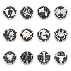 Antik Silber Farbe 12pcs 12 Stil 304 Edelstahlperlen, flach rund mit zwölf Konstellationen, Antik Silber Farbe, 10x4 mm, Bohrung: 1.8 mm, 1 pc / style