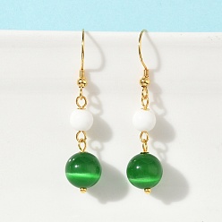 Зеленый Гальванопокрытие 304 серьги-подвески из нержавеющей стали «кошачий глаз», круглые, золотые, зелёные, 43.5x10 мм