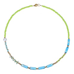 Deep Sky Blue Bohemian Cuboid Dyed Natural Imperial Jasper & Synthetic Turquoise & Imitation Pearl & Glass Seed Beaded Necklaces, Golden, Deep Sky Blue, 17.72 inch(45cm)