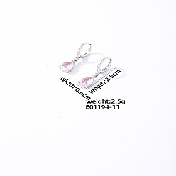 Бледно-Розовый Латунь кубического циркония болтаться серьги, слеза, платина, розовый жемчуг, 22~25x5~6 мм