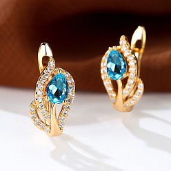 Светло-Голубой Латунные микро проложить серьги обруча кубического циркония, слеза, золотой свет, Небесно-голубой, 16x7 мм