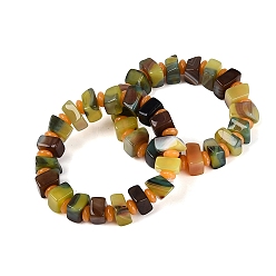 Dark Khaki Natural Agate(Dyed & Heated) Square and Rondelle Resin Beaded Stretch Bracelets for Unisex, Dark Khaki, Inner Diameter: 1.85~2.09 inch(4.7~5.3cm)
