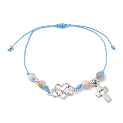 Deep Sky Blue Natural Dyed White Jade Braided Bead Bracelets, Adjustable Heart Alloy Link Bracelets for Women, Deep Sky Blue, Inner Diameter: 3/4~3-3/8 inch(8.5cm)