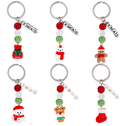 Mixed Shapes 6шт. 6 стили, непрозрачные брелоки из смолы на рождественскую тематику, с железными разрезными брелоками, платина, с полимерной глины горный хрусталь и акриловые бусины, разнообразные, 84~91 мм, 1 шт / стиль