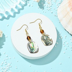 Golden Natural Paua Shell Dangle Earrings, Nuggets, Natural Amber Beads & 304 Stainless Steel Dangle Earrings for Women, Golden, 52x16~16.5mm
