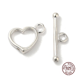 Sterling Silver 925 Sterling Silver Toggle Clasps, Heart, Toggle: 10x14mm, Bar: 19x6mm, Hole: 2mm