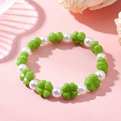 Желто-Зеленый Эластичные браслеты в форме клевера из акрила и бусин, имитирующих жемчуг, для девочек., желто-зеленый, бусины : 7 мм, внутренний диаметр: 1.97 дюйм (5 см)