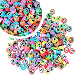 (52) Непрозрачная лаванда 400шт. напечатанные бусины ручной работы из полимерной глины, плоские круглые с буквы, разноцветные, 9~10x4.5~5 мм, отверстие : 1.6 мм
