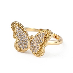 Real 18K Gold Plated Clear Cubic Zirconia Butterfly Adjustable Ring, Brass Jewelry for Women, Lead Free & Cadmium Free, Real 18K Gold Plated, Inner Diameter: 18mm