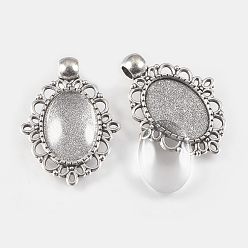 Античное Серебро Поделки кулон решений, с тибетским стилем подвески кабошона и стеклянными кабошонами, овальные, античное серебро, 32.5x24x2 мм, отверстие : 3.5 мм, лоток : 13x18 мм