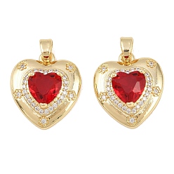 Красный Латунные микро проложить кубического циркония подвески, со стеклом, сердце прелести, долговечный, стойки покрытие, золотые, красные, 19x17x5.5 мм, отверстие : 4.5 мм