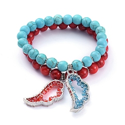 Synthetic Turquoise Stretch Bracelets Set, Stackable Bracelets, with Synthetic Turquoise(Dyed) Beads, Electroplate Glass Beads and Alloy Wing Pendants, 2-1/8 inch(5.5cm), 2pcs/set