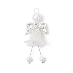 Серебро Подвески матовым акриловым, ангел, с фурнитурой из сплава и стеклянными жемчужными бусинами, серебряные, 46.5x18x17.5 мм, отверстие : 2.6 мм
