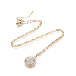 Letter E Brass Initial Pendant Necklaces, with Shell, Cubic Zirconia and 304 Stainless Steel Cable Chains, Flat Round with Letter, Letter.E, 17.5 inch(44.5cm), 1.5mm