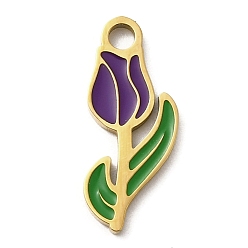 Фиолетовый 304 нержавеющей стальной эмали подвески, ионное покрытие (ip), цветочный шарм, реальный 18 k позолоченный, фиолетовые, 17.5x7x1.5 мм, отверстие : 2 мм