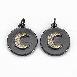 Bronce de cañón Latón micro pavimenta claro colgantes de circonio cúbico, con anillos de salto, sin níquel, real 16 k chapado en oro, plano y redondo con la luna, gunmetal, 20x17x2.5 mm, anillo de salto: 5x1 mm, 3 mm de diámetro interior