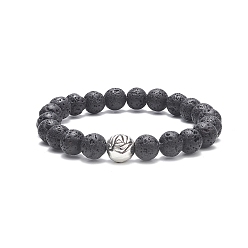 Lava Rock Natural Lava Rock & Alloy Rose Beaded Stretch Bracelets, Inner Diameter: 2 inch(5.15cm)