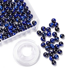 Blue 100Pcs 8mm Natural Tiger Eye Round Beads, with 10m Elastic Crystal Thread, for DIY Stretch Bracelets Making Kits, Dyed, Blue, 8mm, Hole: 1mm