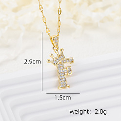 Letter F Латунные микропаве прозрачные кубические цирконии корона инициал кулон ожерелья, реальный 18 k позолоченный, Буква F, 15.75 дюйм (40 см)