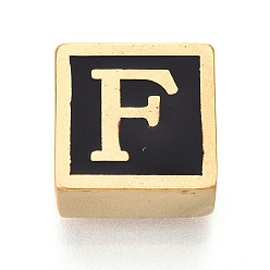 Letter F 304 Квадратные распорные планки из нержавеющей стали с черным эмалевым покрытием, 2-луночное, ионное покрытие (ip), реальный 18 k позолоченный, Буква F, 12x12x6 мм, отверстие : 4.5 мм