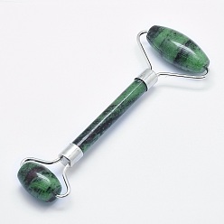 Ruby in Zoisite Natural Ruby in Zoisite Brass Face Massager, Facial Rollers, Platinum, 142~150x54~58x19~22mm