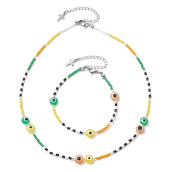 Mixed Color Resin Evil Eye & Glass Seed Beaded Jewelry Set, Beaded Necklaces & Bracelets, Green, Necklaces: 19~19-1/8 inch(48.2~48.5cm); Bracelets: 10-1/8~10-3/8 inch(25.7~26.5cm)