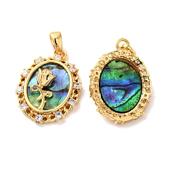 Paua Shell Brass Micro Pave Cubic Zirconia Pendants, with Shell, Oval with Flower Charms, Golden, 21x15.5x5mm, Hole: 2.2x3.8mm