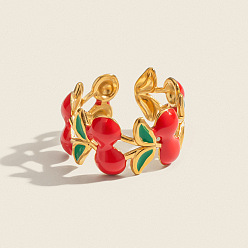 Золотой Вишня 304 открытые кольца-манжеты из нержавеющей стали для женщин, с эмалью, золотые, 11 мм, внутренний диаметр: 17.6 мм