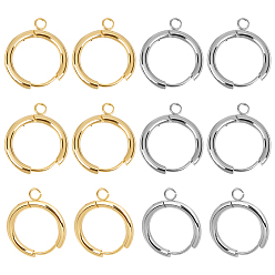 Real 24K Gold Plated & Stainless Steel Color 12 шт. 2 цвета 201 фурнитура для сережек-обручей из нержавеющей стали, с горизонтальными петлями и 316 штифтами из хирургической нержавеющей стали, реальный 24 k позолоченный и цвет нержавеющей стали, 21x19x2.5 мм, отверстие : 2.5 мм, штифты : 1 мм, 6 шт / цвет
