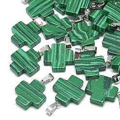 Малахит Синтетического малахита подвески, с защелкой из нержавеющей стали на поручнях, крестик, 24~25x20~21x5~6 мм, отверстие : 6x4 мм