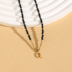 Letter Q Женское ожерелье с подвеской из натуральной черной шпинели в форме круглой граненой буквы «Инициал» из нержавеющей стали, золотые, Буква Q, 14.96 дюйм (38 см)