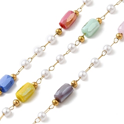 Разноцветный Ручная работа 304 цепочки из нержавеющей стали с бусинами, пайки, с 316 кабельными цепочками из нержавеющей стали, абс пластик жемчуг и катушка и стекло, ионное покрытие (ip), золотые, красочный, 6.5x4x4 мм