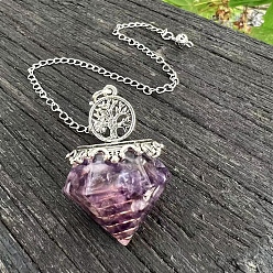 Аметист Маятники для лозоходства с ромбовидными наконечниками из смолы, с металлической находкой «Древо жизни» и кусочком натурального аметиста внутри, 290 мм