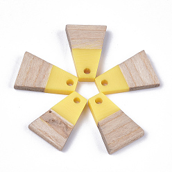 Желтый Подвески из смолы и дерева, трапециевидные, желтые, 18x12.5x3~4 мм, отверстие : 2 мм