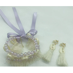 Лиловый Комплекты серег и ожерелий из полиэстера с кисточками и пластиковыми бусинами для женщин, формы раковины, сирень, 500 мм