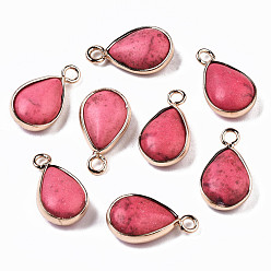 Cerise Synthetic Turquoise Pendants, with Light Gold Plated Brass Edge, Teardrop, Dyed, Cerise, 18~19x10.5x5mm, Hole: 2mm
