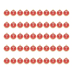 Letter T Подвески из позолоченного сплава, с эмалью, эмалированные блестки, плоско-круглые, красные, letter.t, 14x12x2 мм, отверстие : 1.5 мм, 50 шт / коробка