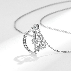 Платина Вращающееся колье из латуни с прозрачным кубическим цирконием, Луна и звезды, платина, 15.75 дюйм (40 см)