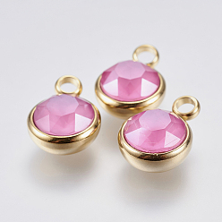 Ярко-Розовый K 9 стеклянные подвески, с 304 фурнитурой из нержавеющей стали, ионное покрытие (ip), граненые, плоско-круглые, золотые, ярко-розовый, 13.5x10x6 мм, отверстие : 2.5 мм
