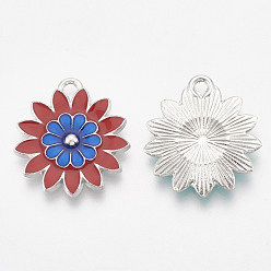 Blue Alloy Enamel Pendants, Flower, Platinum, Blue, 21x19x2.5mm, Hole: 1.5mm