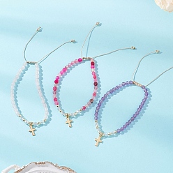 (52) Непрозрачная лаванда Смешанные каменные плетеные браслеты из бисера, крест прелести, разноцветные, внутренний диаметр: 2-1/4~3-1/4 дюйм (5.55~8.35 см)