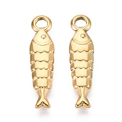 Настоящее золото 18K 304 из нержавеющей стали рыба кулоны, ионное покрытие (ip), реальный 18 k позолоченный, 24x6x3 мм, отверстие : 2 мм