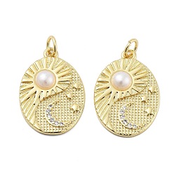 Настоящее золото 18K Латунные микро проложить кубического циркония подвески, овал с солнечными подвесками, с искусственным жемчугом, стойки покрытие, без свинца и без кадмия, долговечный, с целью перехода в кольце, реальный 18 k позолоченный, 23x16x4.5 мм, отверстие : 3.4 мм