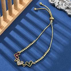 Настоящее золото 18K Латунь микро проложить кубический цирконий слайдер браслеты, браслеты с шариковыми цепочками для женщин, сердце, реальный 18 k позолоченный, 10-1/4 дюйм (26 см)