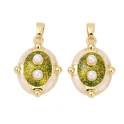 Настоящее золото 18K Латунь эмаль подвески, с пластиковыми искусственными жемчужинами и пайетками, овальные амулеты, стойки покрытие, прочное покрытие, без кадмия и без свинца, реальный 18 k позолоченный, 21.5x15.5x6 мм, отверстие : 4x2.5 мм